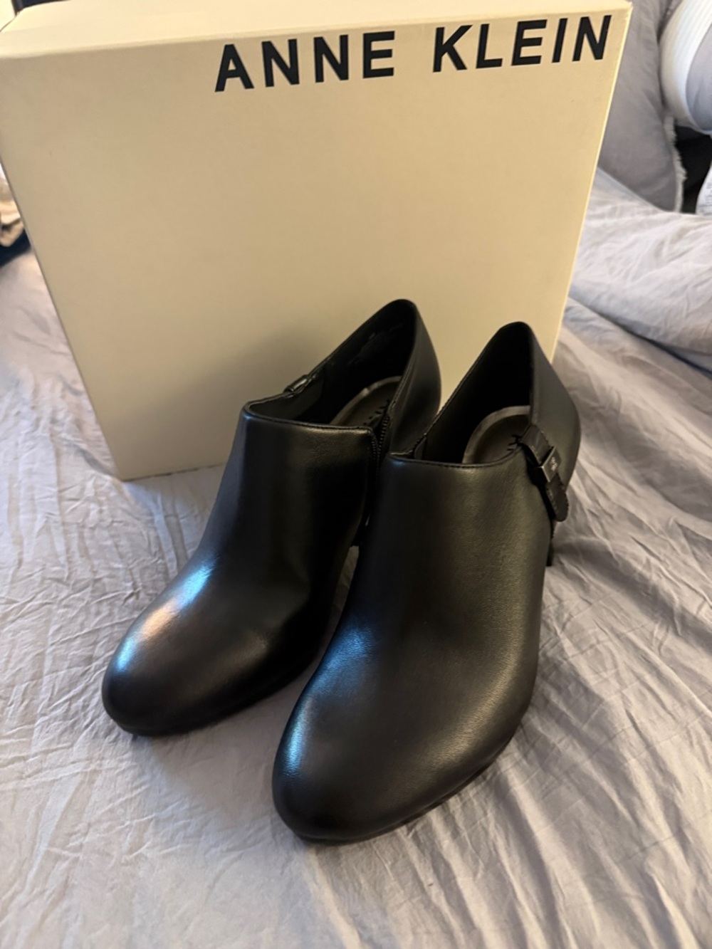 Anne Klein Black Leather Ankle Booties with Side Buckle